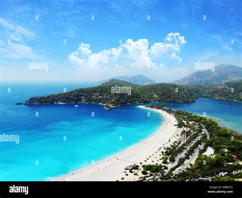 oludeniz or olu deniz beach blue lagoon fethiye from air or drone mediterranean coast of