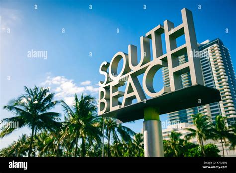 South Beach Street Sign With Palm Tree Background In Miami Stock Photo
