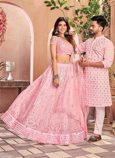 Light Pink Couple Twinning Wedding Special Combo Indian Heavy Anarkali Lehenga Gowns Sharara