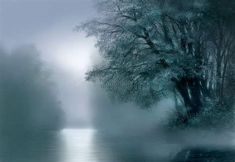 Fog Over A River With Tall Trees Stock Illustration Illustration Of