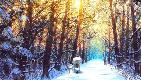 Yakumo Yukari Touhou Snow Winter Umbrella Trees Hd Wallpapers
