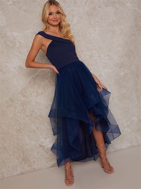 Petite Dip Hem One Shoulder Dress With Tulle Skirt In Navy Chi Chi London