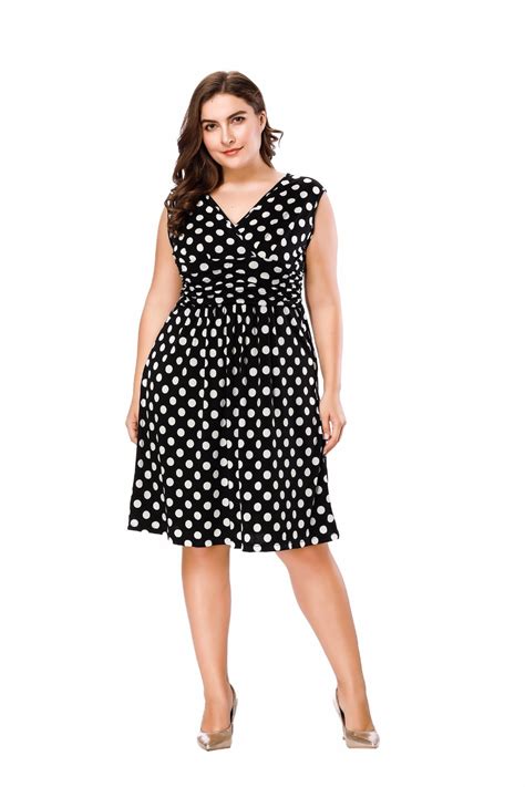 2018 Casual Women Summer Polka Dot Dress A Line V Neck Sleeveless Plus