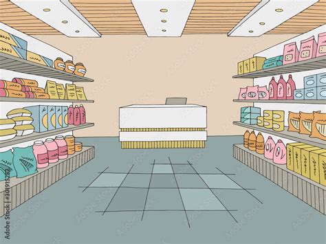 Grocery Store Shop Interior Color Graphic Sketch Illustration Vector