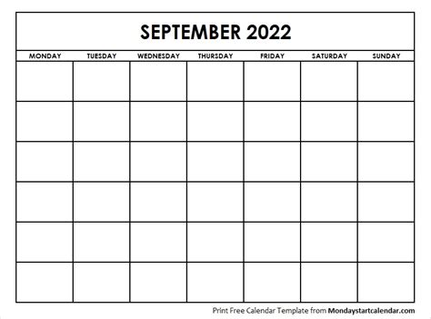 September 2022 Calendar Blank Template To Print Starting From Monday