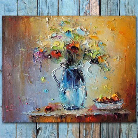Palette Knife Flowers Oil Painting Colorful Still Life Painting