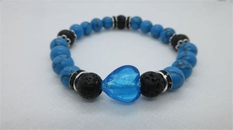 Blue Turquoise Glass Heart Beaded Stretch Bracelet Etsy Canada