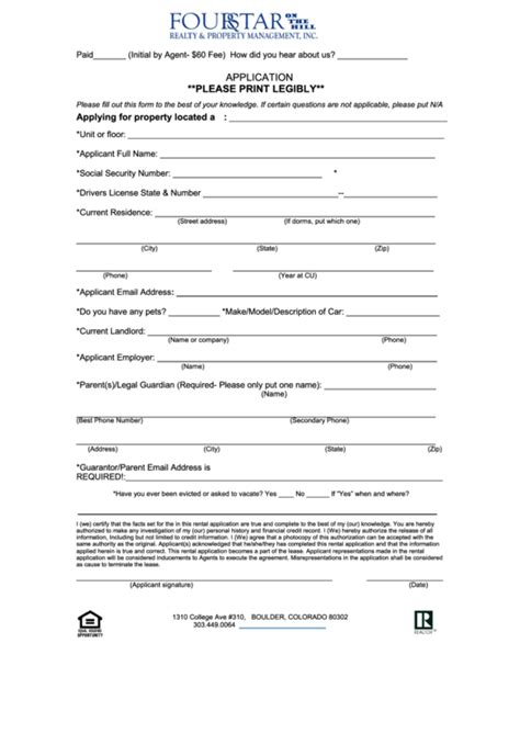 Fillable Rental Application Form Four Star Realty Property Management