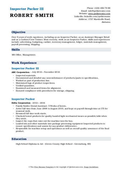 1 quality assurance inspector resume templates: Inspector Packer Resume Samples | QwikResume