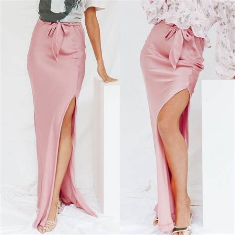Womens Sexy Silk Split Pencil Skirts Summer Elegant Slim Skinny Bodycon Maxi Skirt Ankle Length