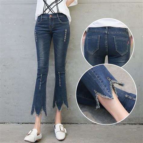 Jeans Pants Woman 2017 Fashion Ripped Cropped Denim Flare Jeans Rough