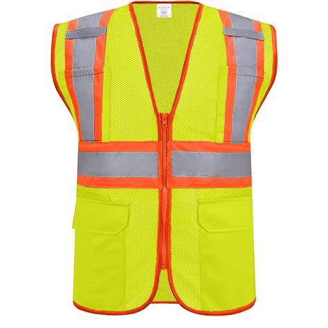 Reflective Vest Class 2 Safety Vests Ansi With 4 Pockets Zipper High Visibility Construction