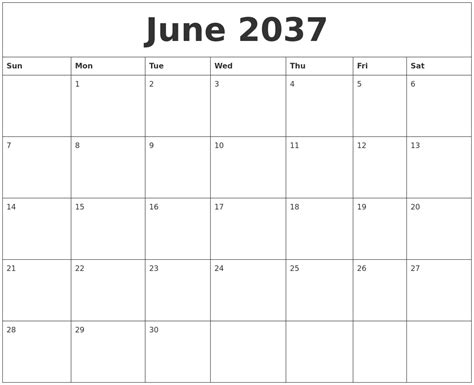 June 2037 Blank Printable Calendars
