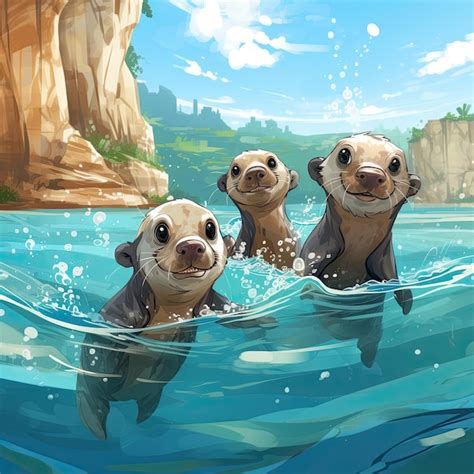Premium Ai Image Otters Swim Together Heads Above Water Looking At