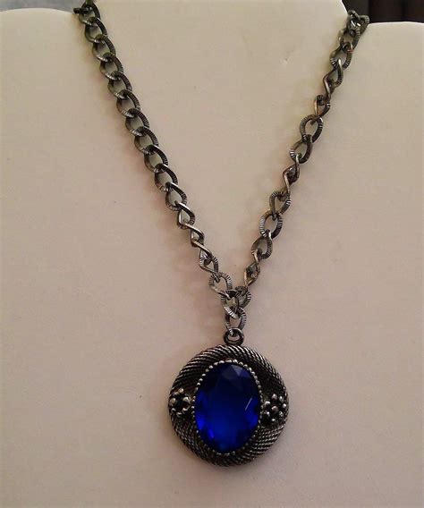 Vintage Silver Pendant With Large Saphire Blue Faceted Glass Etsy