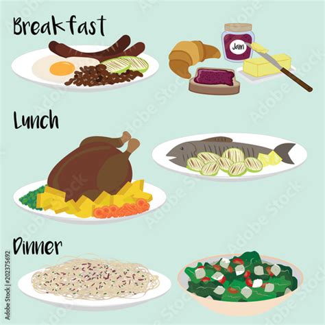 Collection Of Colorful Vector Illustrations Of Healthy Three Meals Of