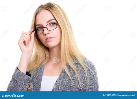 Studio Shot Of Young Beautiful Businesswoman Holding Eyeglasses Stock