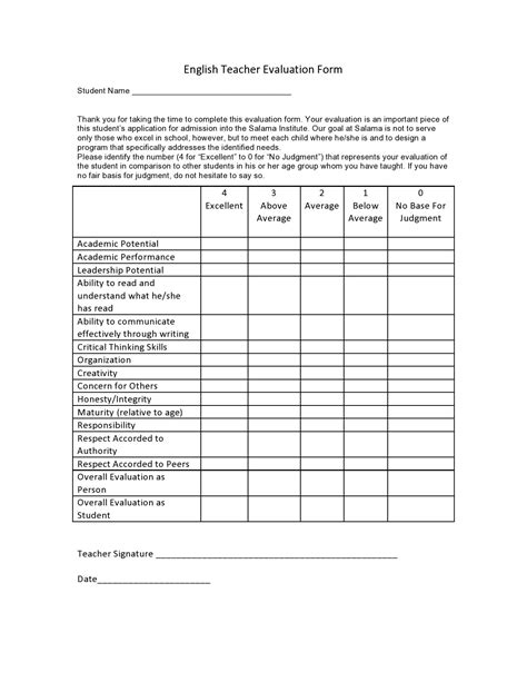 Printable Teacher Evaluation Form