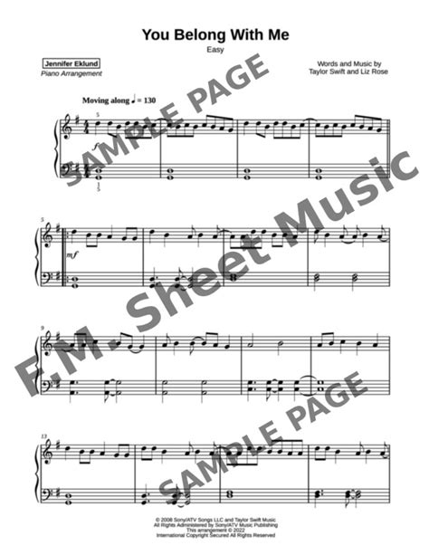 You Belong With Me Easy Piano By Taylor Swift Fm Sheet Music