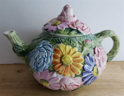 Hand Painted Floral Majolica Teapot Aunt Gladys Attic