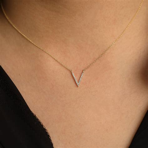 Diamond Necklace Diamond V Pendant Necklace Minimalist 14k Solid Gold