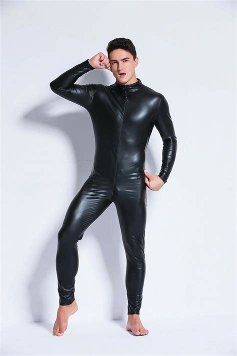 men s fetish faux leather zip bodysuit pvc kinky wetlook clubwear catsuit m xxxl ebay
