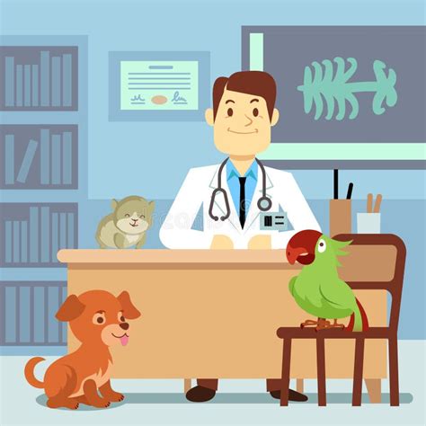 Oficina Veterinaria Mujer Con El Perro Y El Veterinario Ilustración