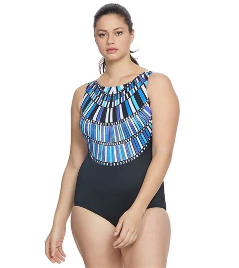 Longitude Plus Size Glits And Glamour High Neck Long Torso One Piece Swimsuit At
