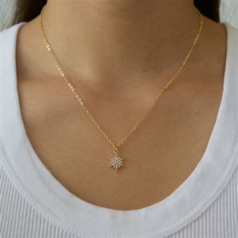 Opal Star Gold Necklace Tiny Gold Necklace Dainty Necklace Etsy