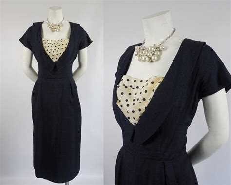 1950s Wiggle Dress Navy Blue With Polka Dot Shelf Bust By Etsy