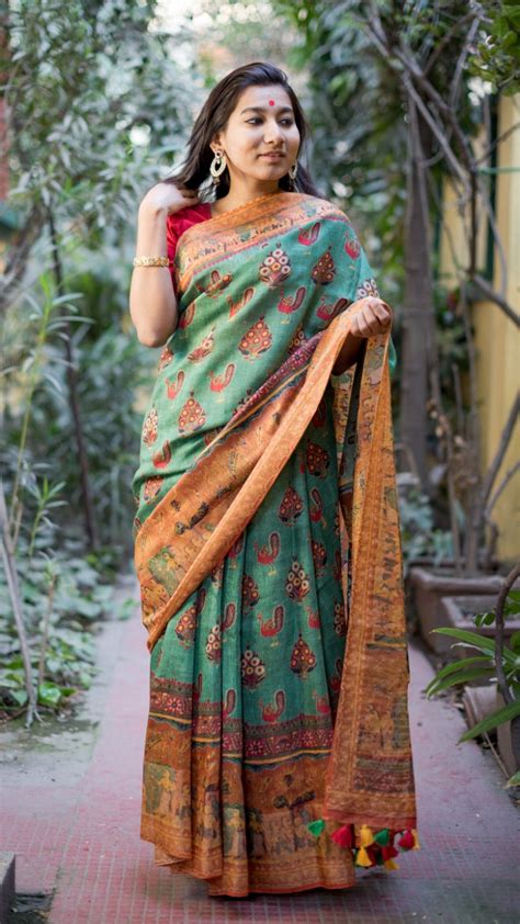 Green Floral Print Linen Saree Latest Digital Print Saree Jhakhas
