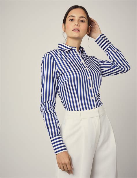 women s white and blue bold stripe fitted shirt with contrast detail single cuff hawes and curtis