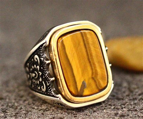 Sterling Silver 925 Handmade Tiger Eye Mens Ring Ottoman Style Ring