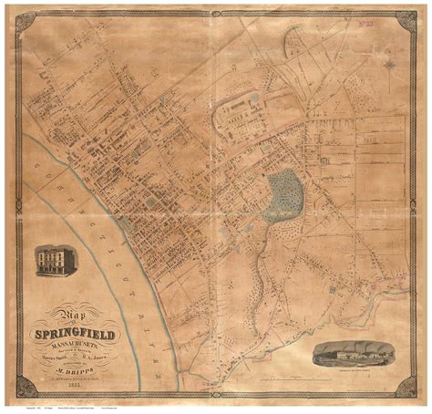 Springfield 1851 Old Map Reprint Hampden County Massachusetts