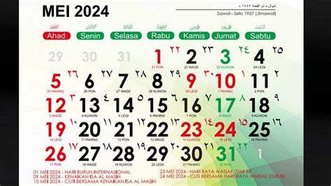 Kalender 2024 Bulan Mei Ada 5 Tanggal Merah Cuti Bersama Kenaikan Isa