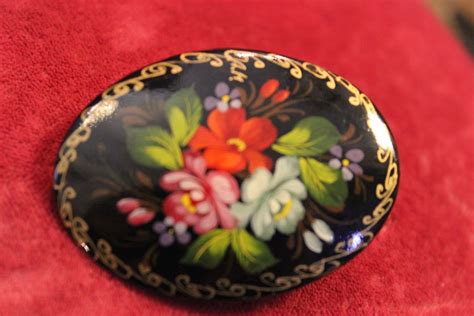 Russian Handpainted Brooch Colorful Floral 2 Inches From Antiques