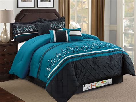 Teal and black bedding sets you'll love! 7-Pc Floral Damask Embroidery Diamond Comforter Set King ...
