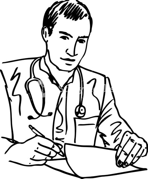 Sketch Of Medical Doctor With Stethoscope Sitting At A Desk In His