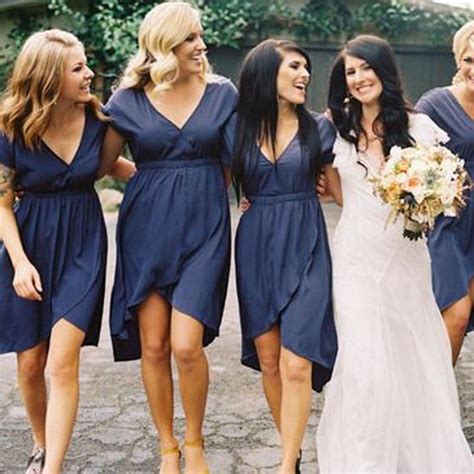 Short bridesmaid dresses satin baby blue v neck sleeveless knee length wedding party dresses. Short Sleeves Knee Length Bridesmaid Dress With Deep V ...