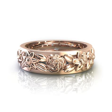 Flat profile titanium ring with a 1.5mm precious red metal inlay, grooved either side. Floral Wedding Rings