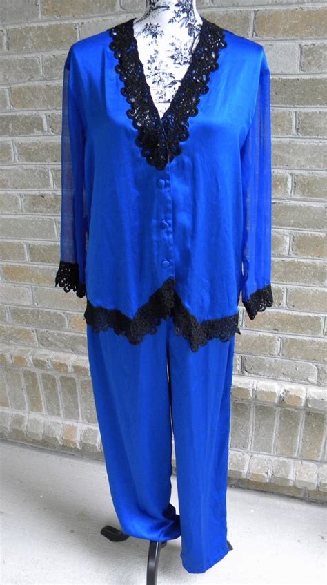 Vintage Victorias Secret Royal Blue With Black Lace Pajamas