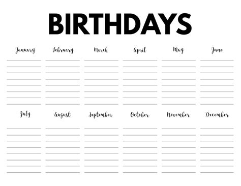 Printable Birthday Calendar Template Free