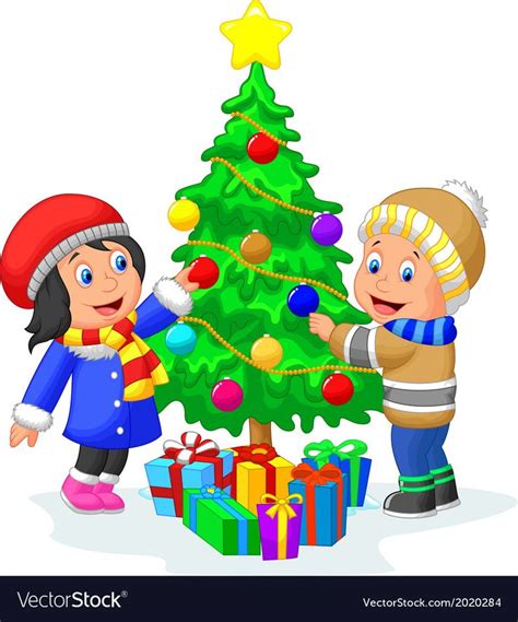 Vector Illustration Of Happy Kids Cartoon Decorating A Christmas Tree