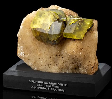 Large Sulfur Crystals On Aragonite From Cozzodisi Mine In Italy