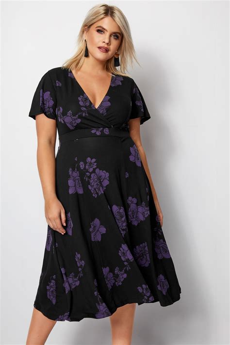 Black Floral Fit And Flare Wrap Dress Plus Size 16 To 36 Plus Size Skater Dress Black Skater