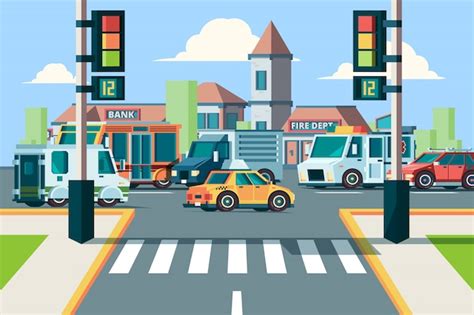Free Vector Cartoon Illustration City Crossroad With Green Traffic