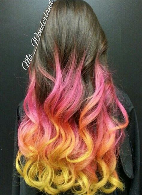 Ombre Pink Yellow Dyed Hair Color Dip Dye Hair Sunset