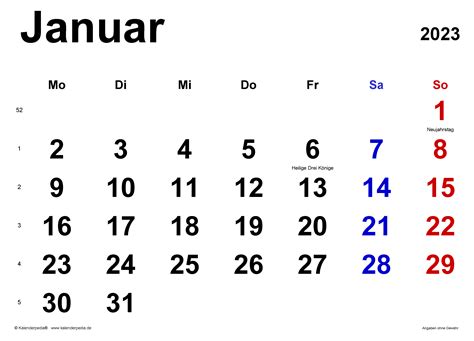 Kalender Januar 2023 Als Excel Vorlagen