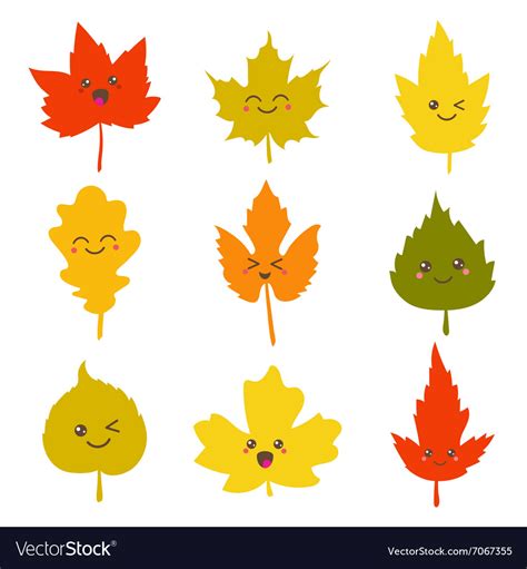 Collection Cute Autumn Leaves In Kawaii Style Vector Image