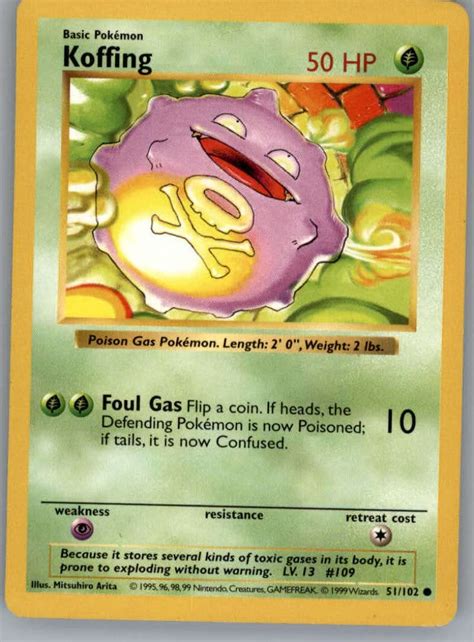 Pokemon Koffing Original Baset Set Trading Card 51 102 Shadowless Common Nm To Mint